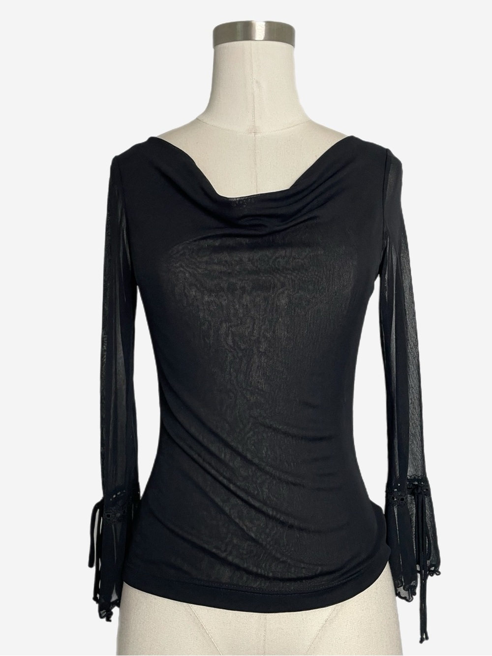 Vintage 90s Heart Moon Star black sheer mesh cowl neck bell sleeve blouse XS/S